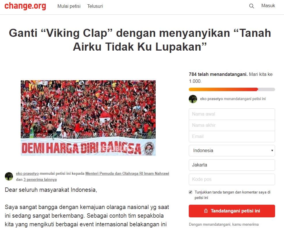 Sebuah petisi untuk menghilangkan Viking Clap usai laga Timnas Indonesia. Copyright: change.org