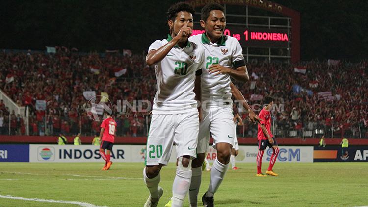 Indosport - Selebrasi gol Bagus Kahfi ke gawang Kamboja.