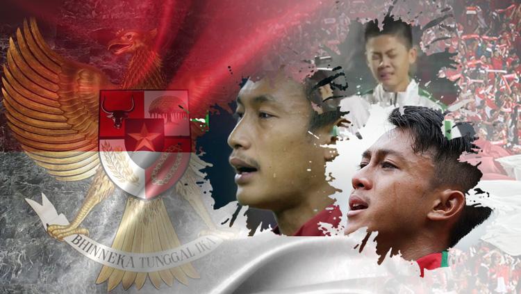 Hansamu Yama, Febri Hariyadi, dan Rendy Juliansyah menangi saat menyanyikan lagu Indonesia Raya.