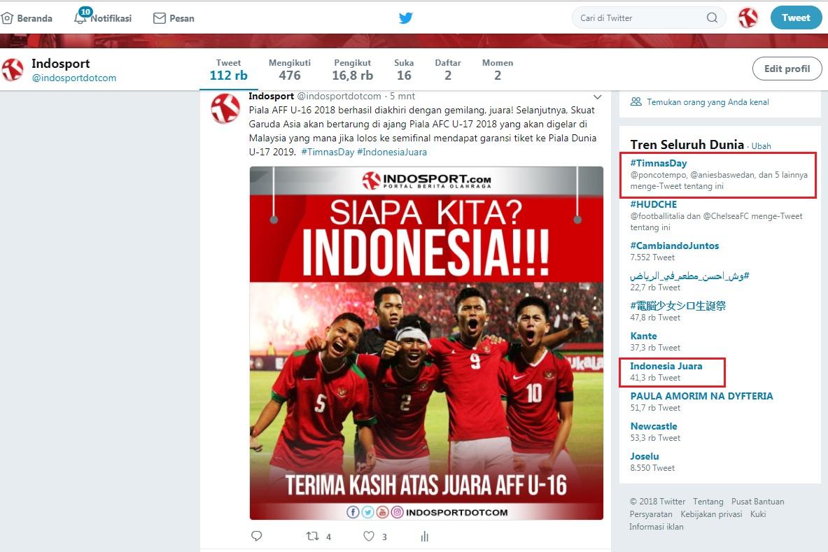 Timnas U-16 trending topik dunia. Copyright: Istimewa