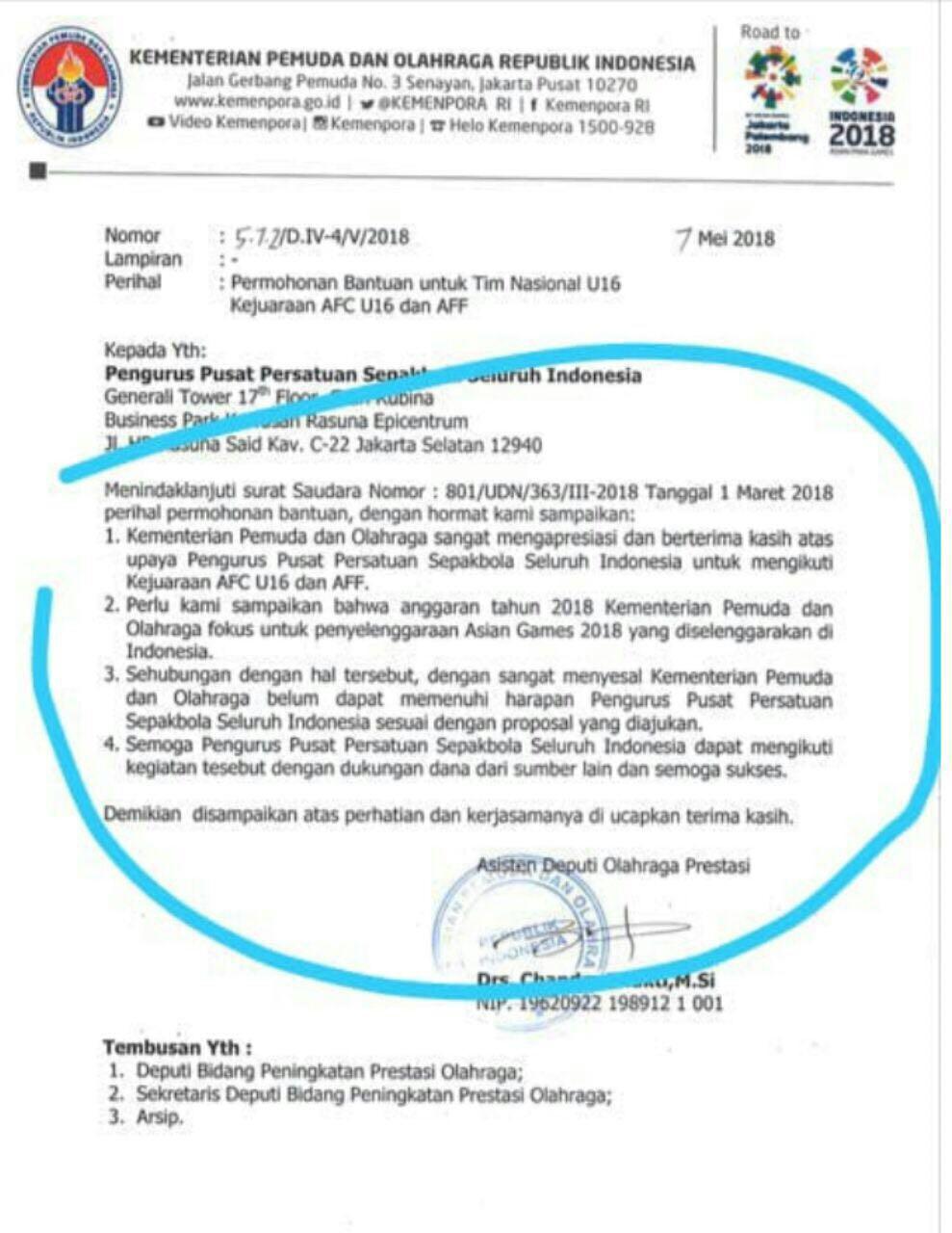 Surat edaran Kemenpora minta bantuan dana. Copyright: Kemenpora