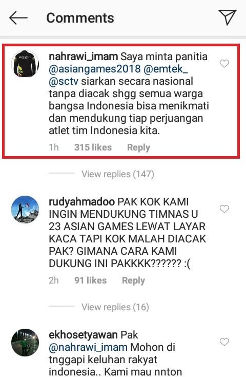 Tweet Menpora, Imam Nahrawi terkait hak siar Asian Games 2018 Copyright: Instagra/@imam_nahrawi