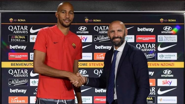 Pemain AS Roma, Steven Nzonzi dan Direktur Olahraga, Monchi.
