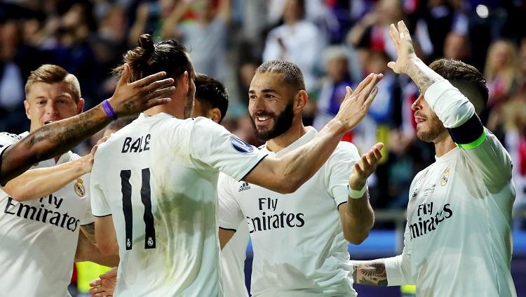 Penggawa Real Madrid merayakan gol ke gawang Atletico dalam laga Piala Super Eropa 2018.