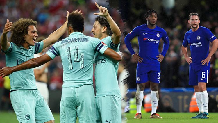 Momen Arsenal merayakan gol dan Chelsea tertunduk kalah. - INDOSPORT