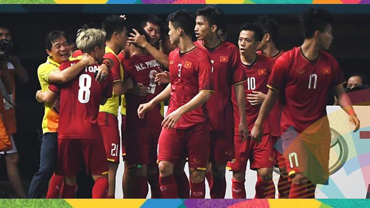 Aksi selebrasi Timnas Vietnam melawan Bahrain di Asian Games 2018.