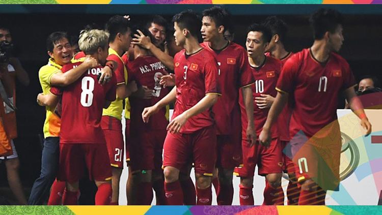 Aksi selebrasi Timnas Vietnam melawan Bahrain di Asian Games 2018. - INDOSPORT