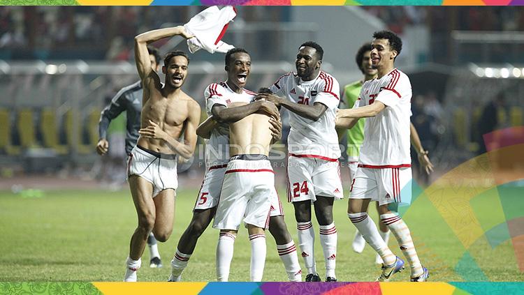 Selebrasi para pemain Uni Emirate Arab usai memenangkan babak adu penalti dari Timnas U-23.