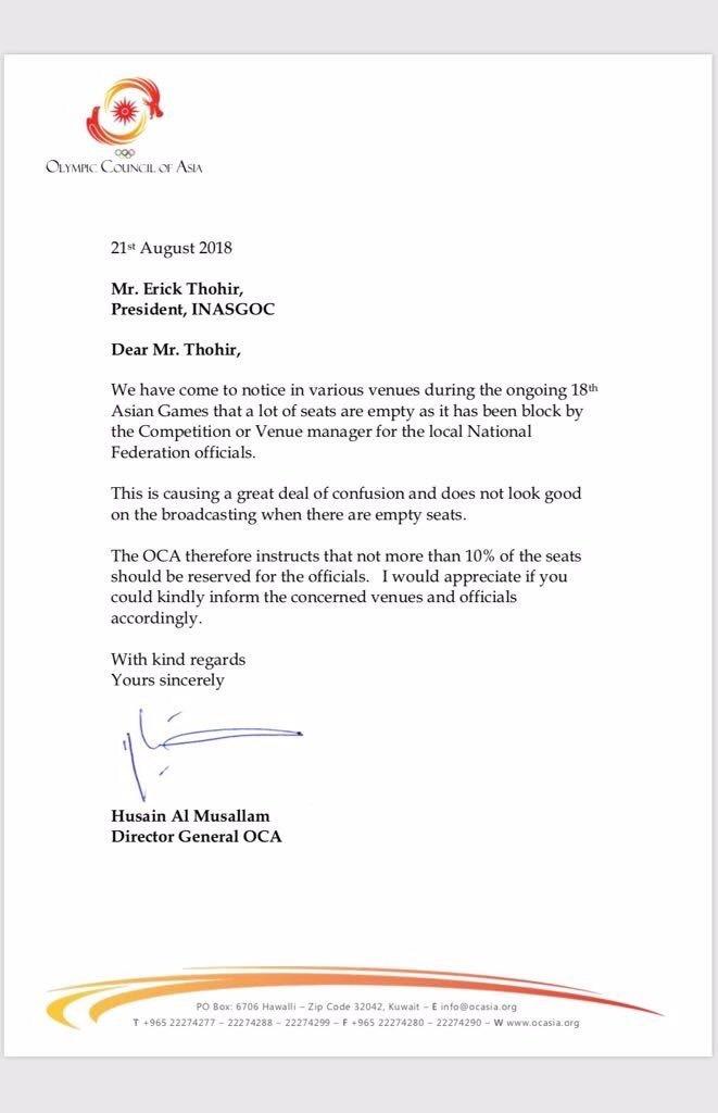 Surat tegruan OCA untuk Erick Thohir. Copyright: Twitter