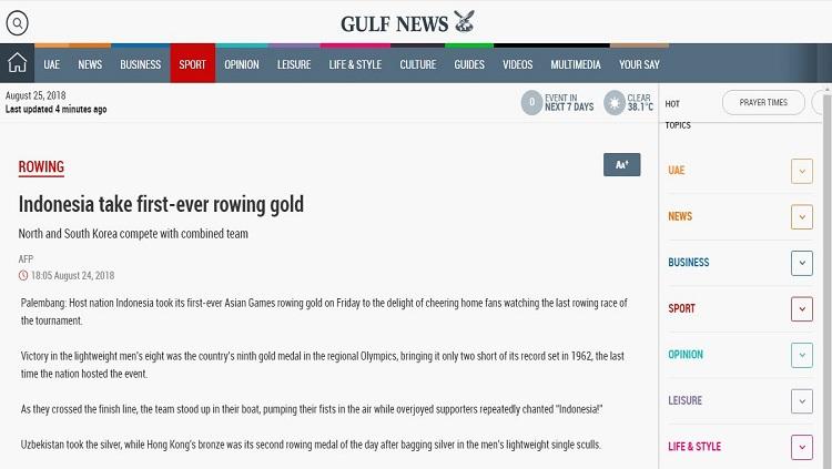 Media Arab Ikut Tulis Soal Kemenangan Indonesia Cabor Regu Dayung Copyright: Gulf News