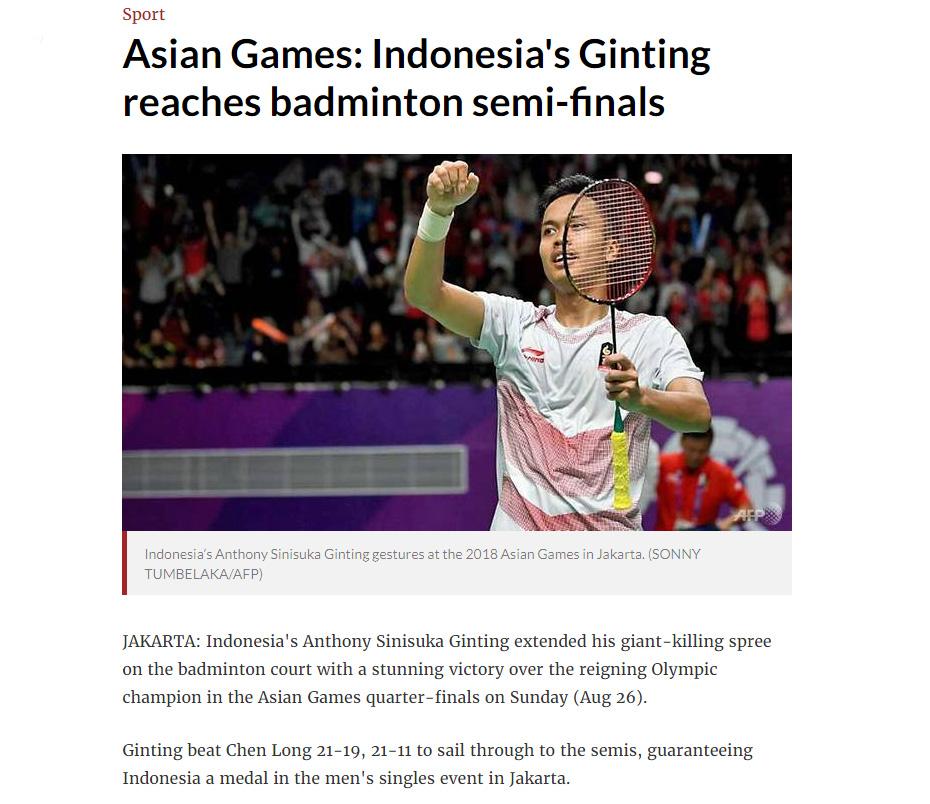Anthony Sinisuka Ginting pebulutangkis Indonesia. Copyright: channelnewsasia