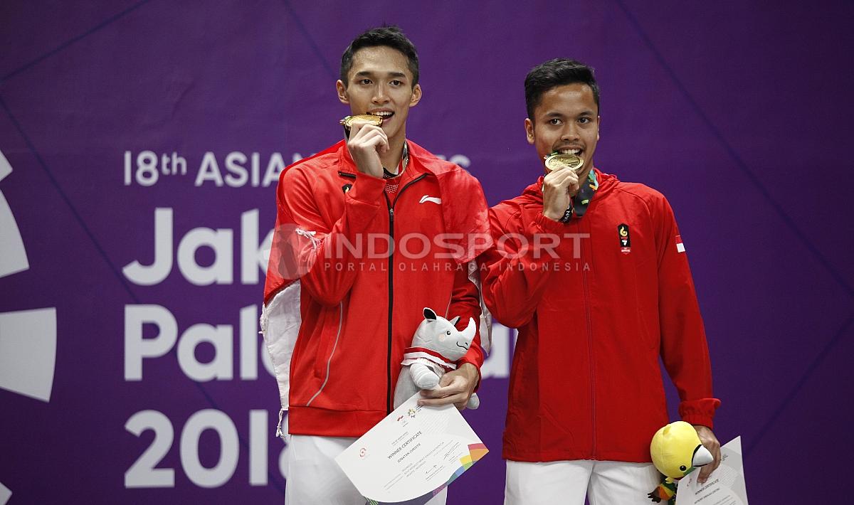 Jonatan Christie dan Anthony Sinisuka Ginting di ajang Asian Games 2018.