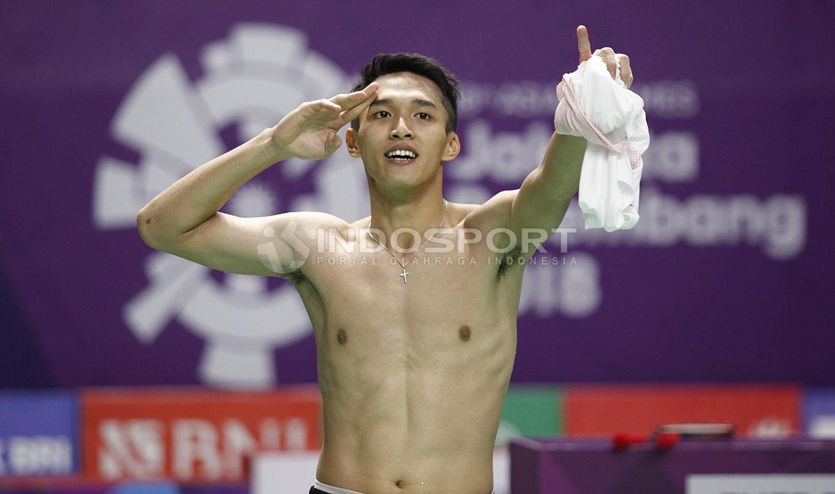 Aksi selebrasi Jonatan Christie usai menang dan memastikan raih medali emas Asian Games 2018.
