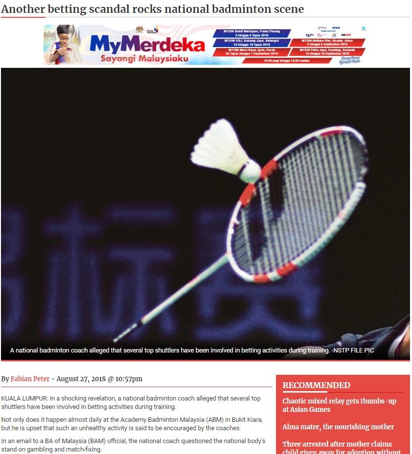 Pemberitaan media Malaysia terkait skandal judi di dunia bulutangkis Negeri Jiran. Copyright: New Straits Times
