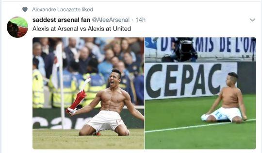 Alexandre Lacazette menyukai gambar yang mengejek Alexis Sanchez di Twitter. Copyright: Metro Sport