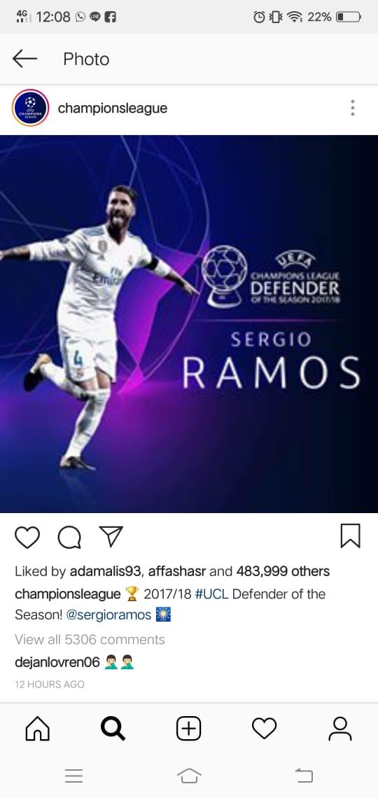 Dejan Lovren menulis emoji tepuk jidat saat Sergio Ramos diumumkan jadi defender terbaik. Copyright: Instagram