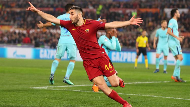 Bek AS Roma, Kostas Manolas saat merayakan gol pentingnya ke gawang Barcelona di Liga Champions musim 2017/18. Copyright: Getty Images