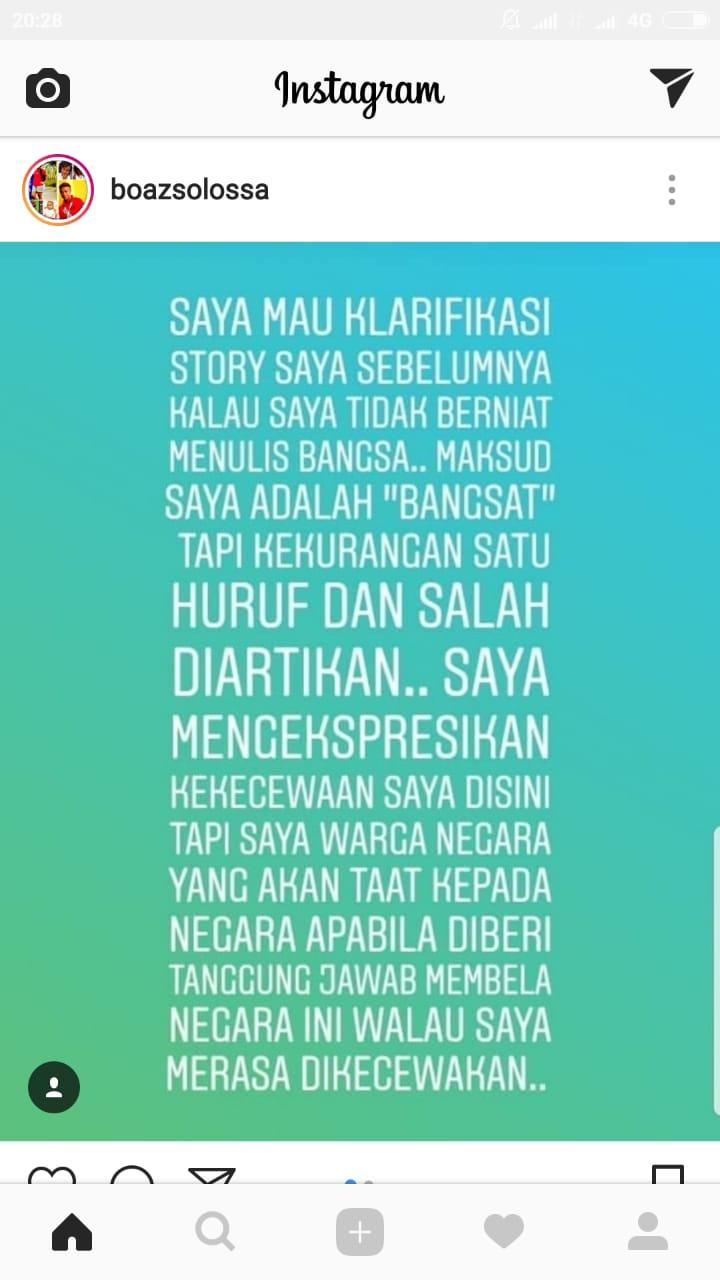 Boaz menglarifikasi ucapannya di Instagram yang mengundang kontroversi. Copyright: Instagram @boazsolossa