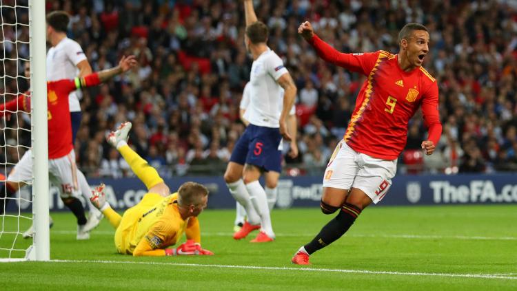Rodrigo Moreno saat mencetak gol di laga Inggris vs Spanyol. Copyright: Getty Images
