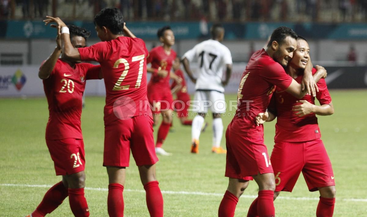 Laga Persahabatan Timnas Indonesia vs Mauritius, Evan Dimas melakukan selebrasi usai mencetak gol.