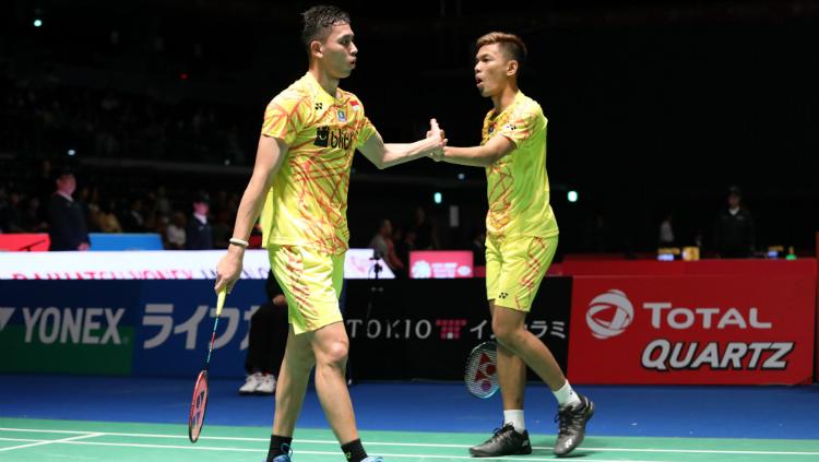 Fajar Alfian/Muhammad Rian Ardianto di babak pertama Japan Open 2018. Copyright: Humas PBSI