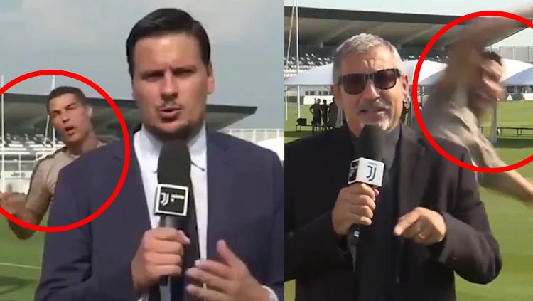 Aksi kocak Cristiano Ronaldo di tengah reporter Juventus memberikan laporan.