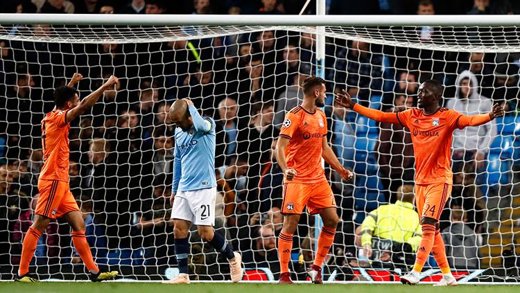 Selebrasi pemain Lyon usai mengalahkan Manchester City dalam laga Liga Champions 2018/19.