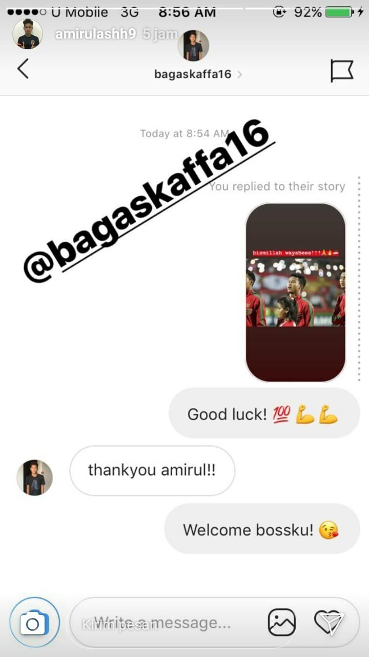 Pemain Malaysia U-16, Amirul Ashrafiq, memberi dukungan untuk Bagas Kaffa di Instagram. Copyright: Instagram Amirul Ashh