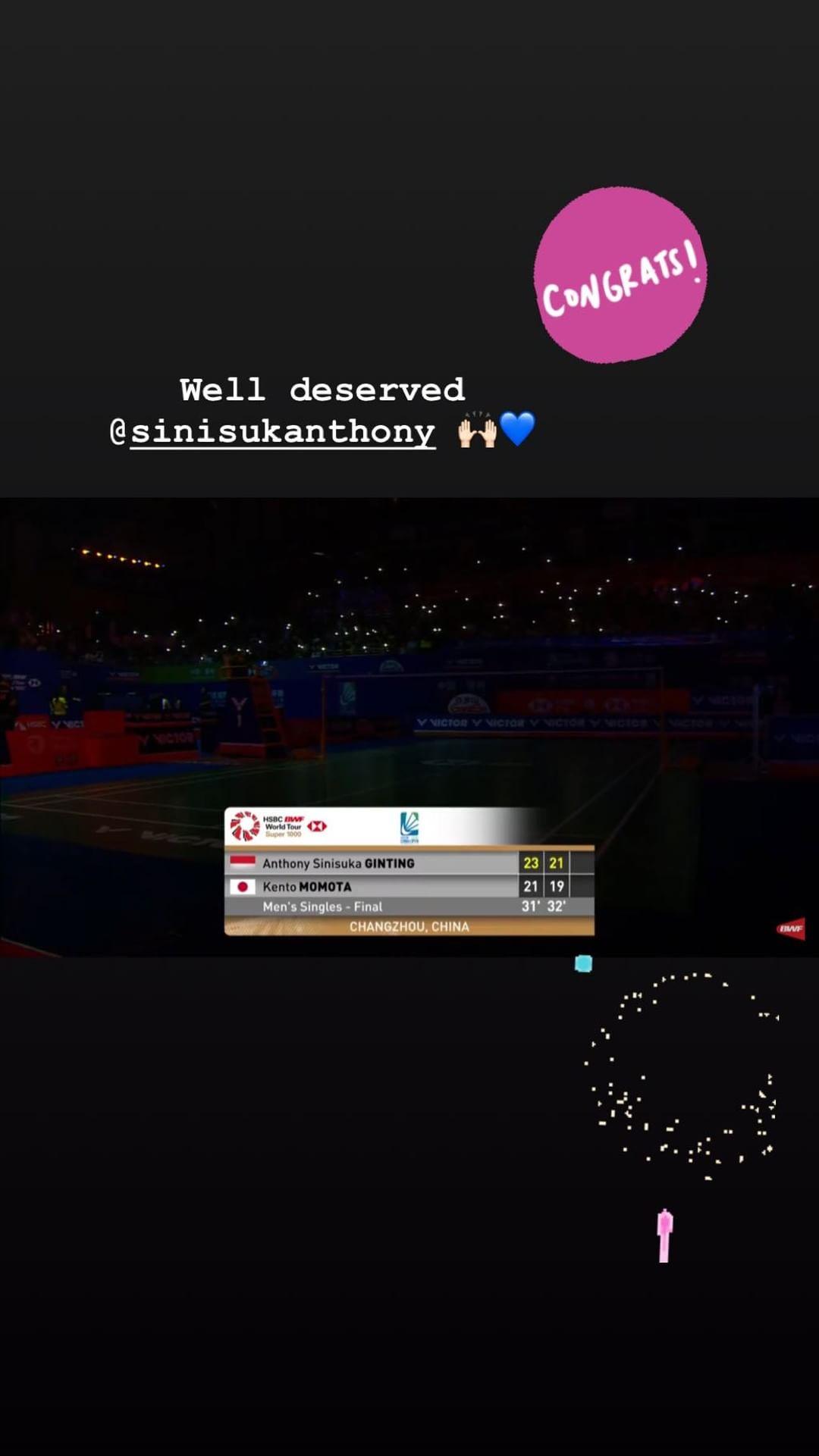 Laura Basuki mengucapkan selamat kepada Anthony Sinisuka Ginting usai juara China Open 2018 melalui Instastory. Copyright: Instagram/@laurabas