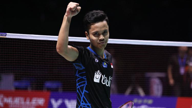 Selebrasi Anthony Sinisuka Ginting usai juara China Open 2018.