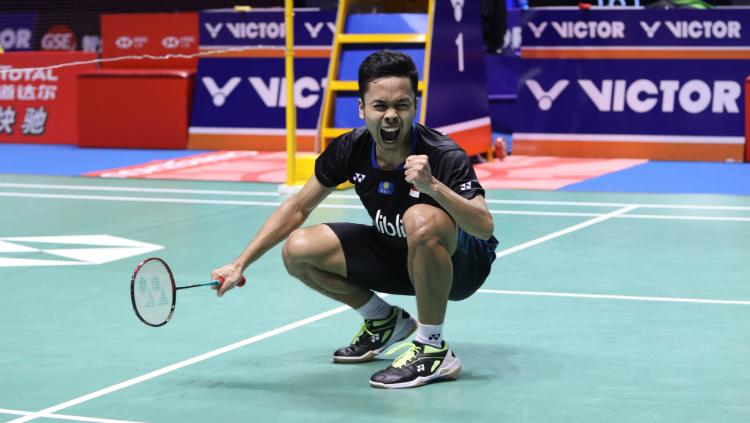 Selebrasi Anthony Sinisuka Ginting usai juara China Open 2018.