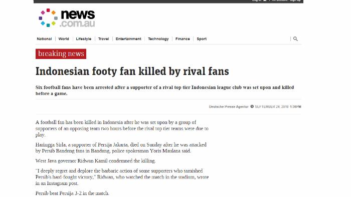 Media luar negeri memberitakan kasus tragedi pengeroyokan Jakmania. Copyright: news.co.uk