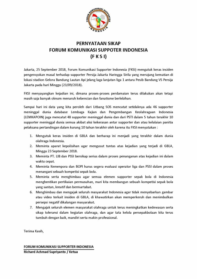 Pernyataan dari Forum Komunikasi Suporter Indonesia sikap terkait tewasnya The Jakmania. Copyright: Forum Komunikasi Suporter Indonesia