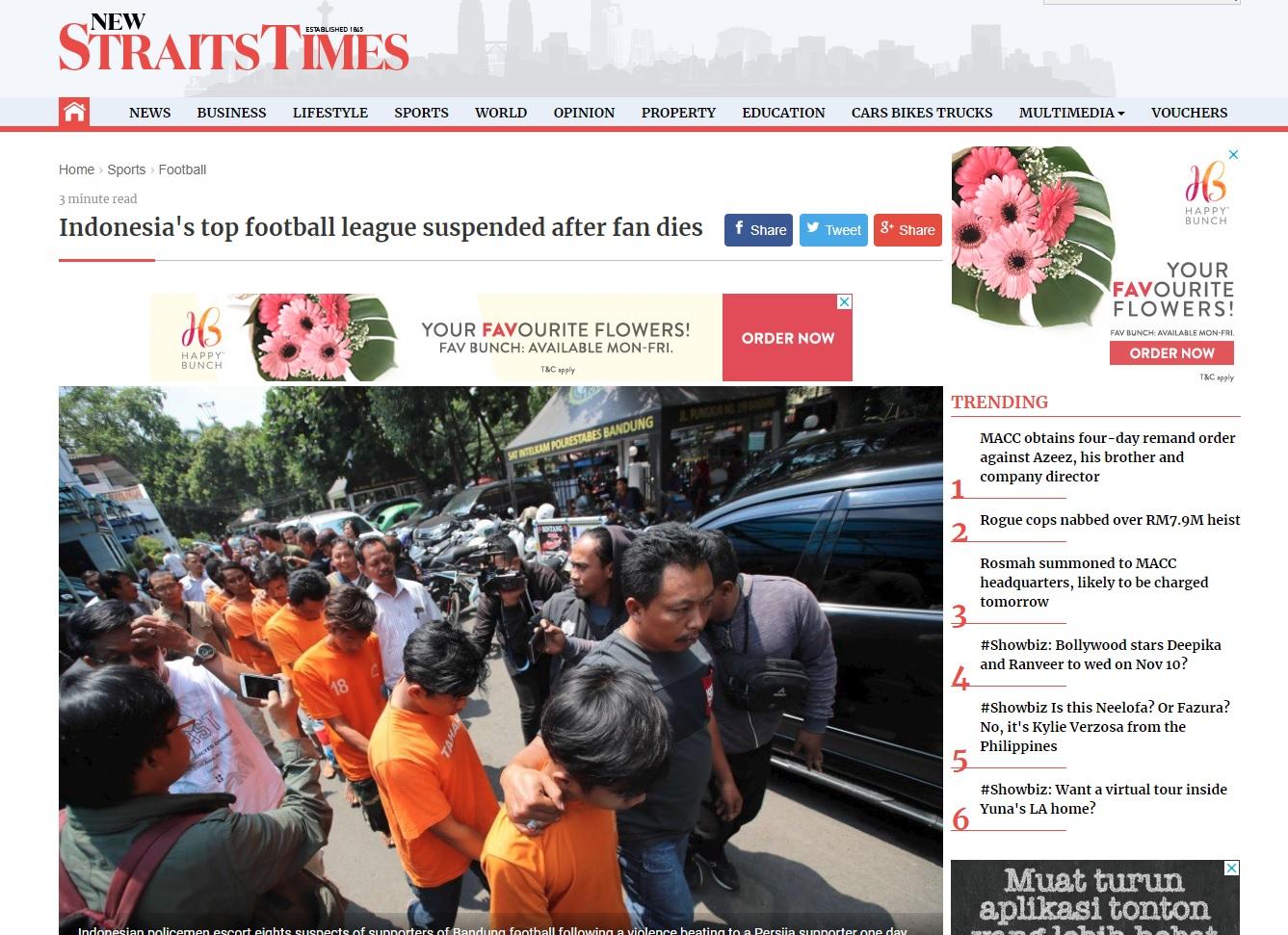 Media asing New Straits Times Malaysia soroti pembekuan Liga 1 2018 Copyright: nst.com.my