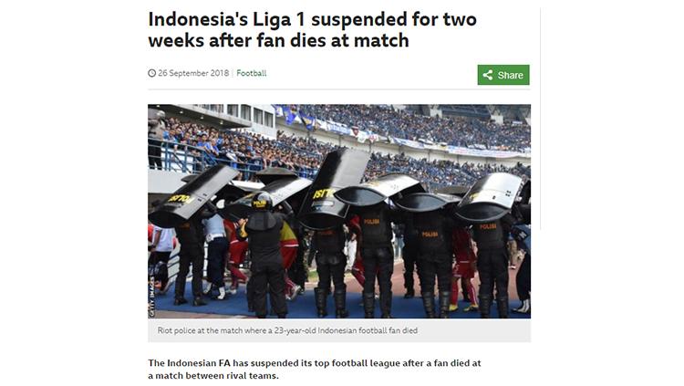 media eropa soroti insiden kematian The Jakmania Haringga Sirila sebelum laga Persib vs Persija, Minggu (23/09/18) lalu Copyright: bbc.com