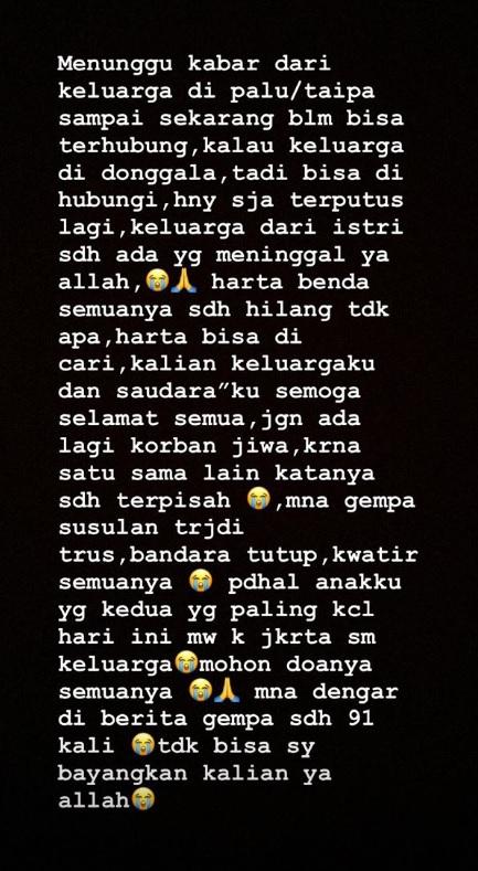 Sandi Sute menyampaikan kabar keluarganya yang terkena gempa Donggala, Palu. Copyright: Instagram@Sandi.sute21