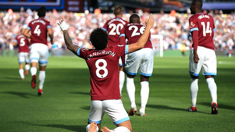 Aksi selebrasi Felipe Anderson, pemain West Ham Unitd, usai cetak gol.