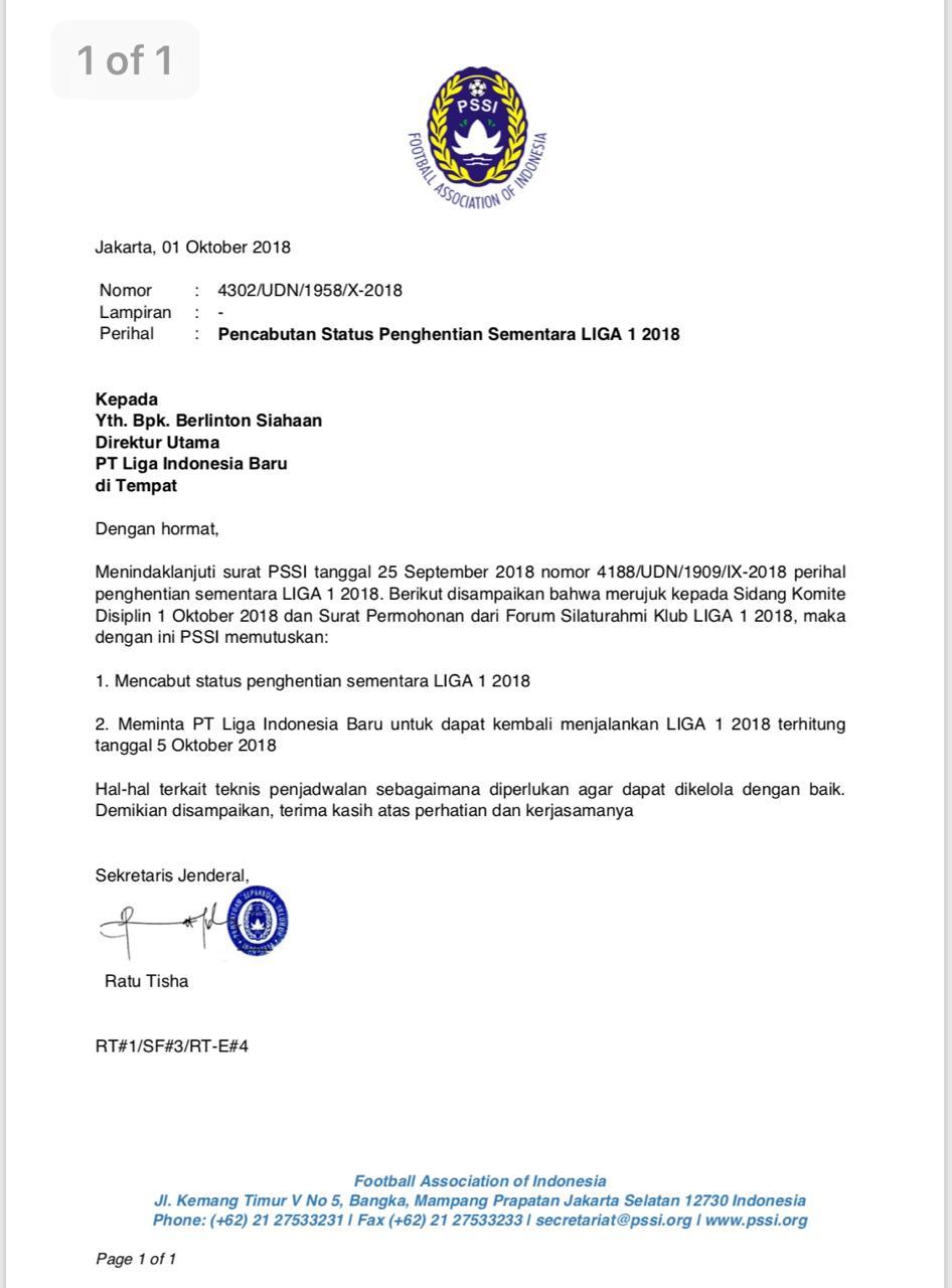 Surat pencabutan status penghentian Liga 1 2018. Copyright: PSSI