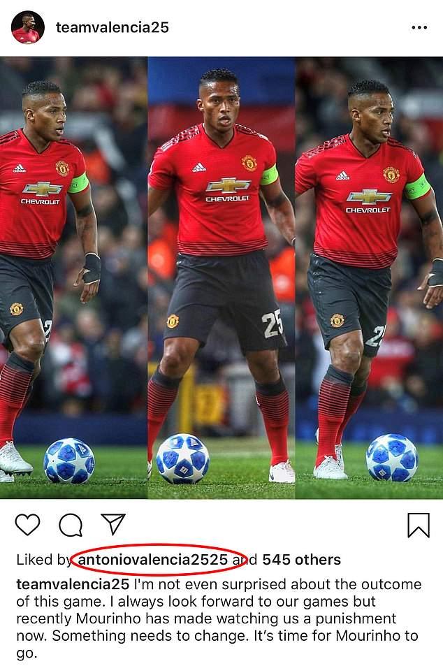 Kapten Manchester United, Antonio Valencia, dituntut untuk meminta maaf setelah dirinya diketahui menyukai sebuah unggahan di Instagram yang mendesak Mourinho. Copyright: Instagram