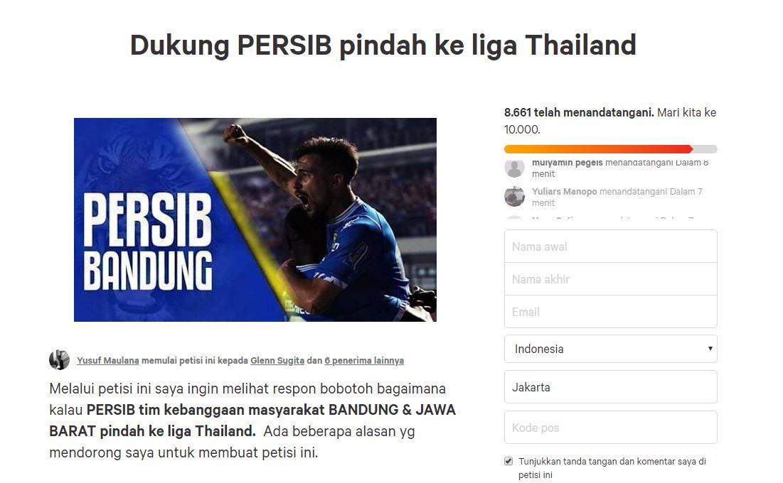 Petisi Persib Bandung ke Liga Thailand Copyright: Change.org