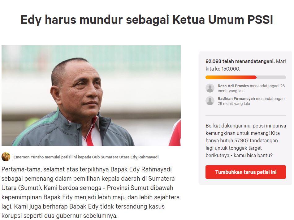 Petisi Edy Rahmayadi ditandatangani hampir 100 ribu orang. Copyright: change.org