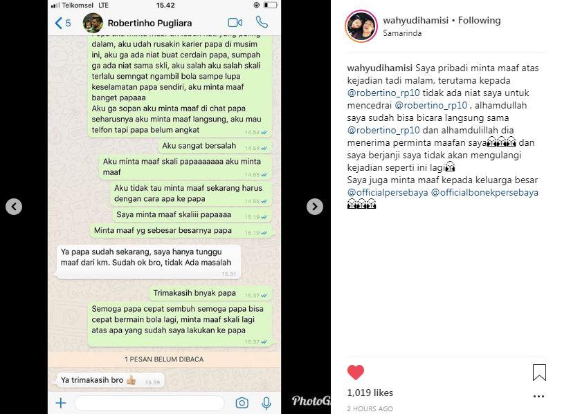 Screenshoot unggahan pesan Wahyudi Hamisi kepada Robertino Pugliara Copyright: Instagram/wahyudihamisi