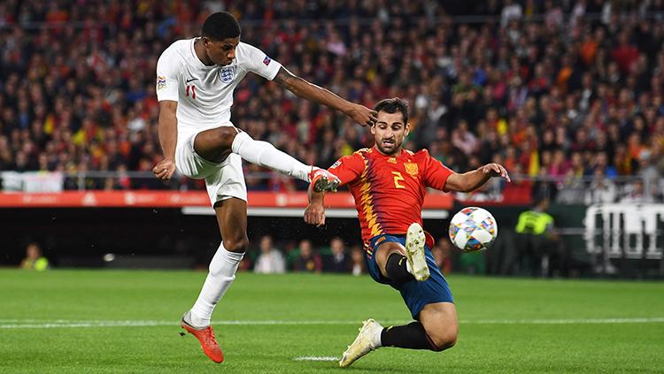 Marcus Rashford saat mencetak gol kedua untuk Inggris atas Spanyol dalam laga UEFA Nations League.