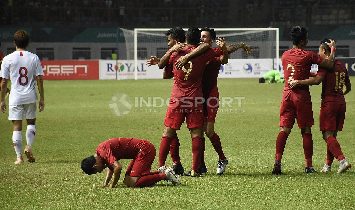 Selebrasi para pemain Timnas Indonesia atas gol Beto Goncalves, dalam laga persiapan jelang AFF 2018.