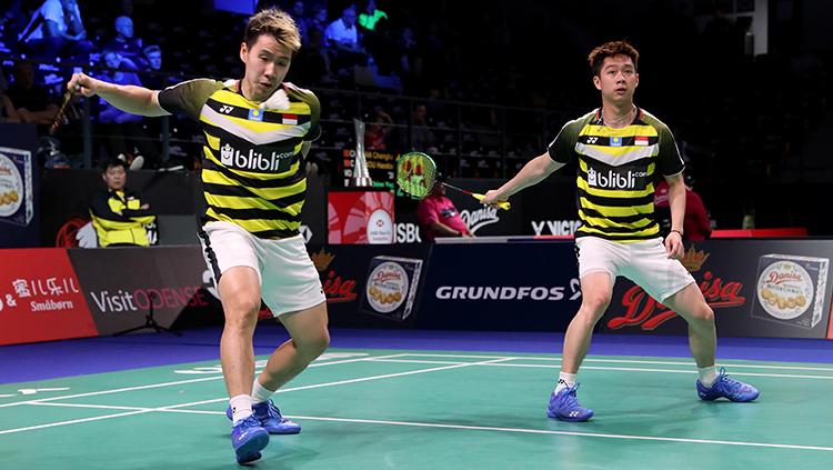 Kevin Sanjaya/Marcus Gideon saat tampil di Danisa Denmark Open 2018. Copyright: Humas PBSI