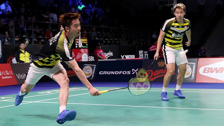 Kevin Sanjaya/Marcus Gideon saat tampil di Danisa Denmark Open 2018.