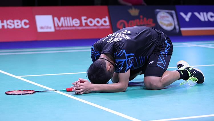 Jonatan Christie saat tampil di Danisa Denmark Open 2018.