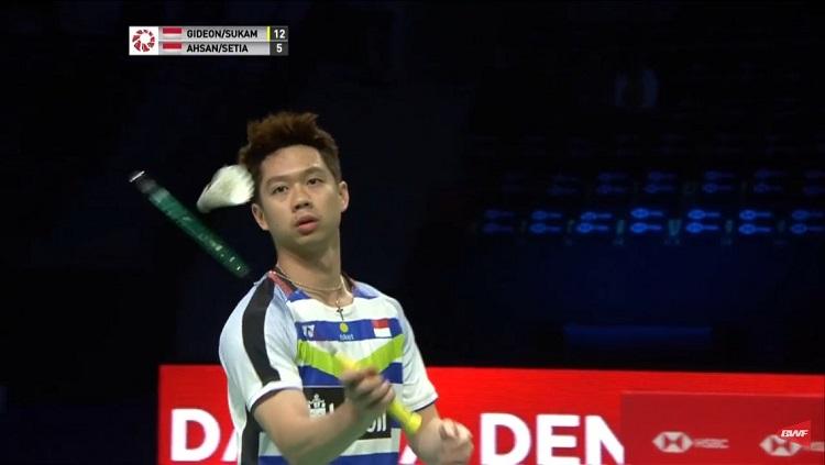 Kevin Sanjaya saat tampil di semifinal Denmark Open 2018 melawan Mohammad Ahsan/Hendra Setiawan