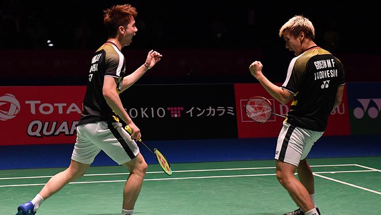 Kevin Sanjaya/Marcus Gideon tampil sebagai juara ganda putra di Denmark Open 2018.
