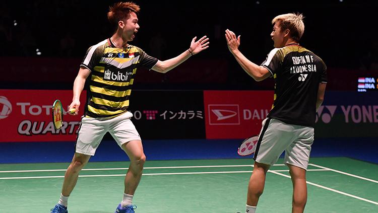 Kevin Sanjaya/Marcus Gideon tampil sebagai juara ganda putra di Denmark Open 2018.